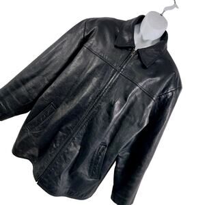OUTBROOK! LUXE, HEAVY BLACK GENUINE LEATHER STADIUM LENGTH COAT, JACKET! SZ XL